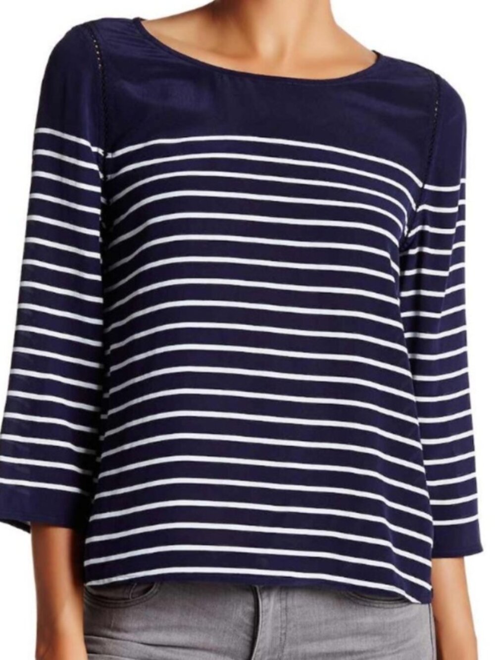 Joie Balfour Silk Blouse | Navy Blue & White Stripes | 3/4 Sleeve Extra Small